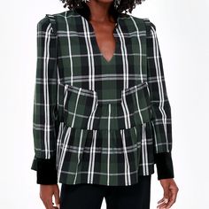 Tartan Blouse, Never Worn. Beautiful For The Holiday Season. True To Size In Bust. Flowy Waist Plaid V-neck Blouse For Work, Plaid V-neck Blouse For Fall, Elegant Plaid Long Sleeve Tops, Elegant Long Sleeve Plaid Tops, Tartan Blouse, Green Tartan, Smock Blouse, Red Gingham, Leather Trousers