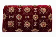 "Burgundy velvet clutch bag, zardozi evening bag, embroidered with copper medallions and embellished with genuine semi precious stones, to give an opulent, multidimensional dazzling effect. This is a gorgeous wardrobe investment piece! A classic design that will never go out of style! A modern heirloom to be cherished! Add instant glamour and elegance to any ensemble! Perfect for any evening occasion, be it wedding, gala, cocktail party. The word Zardozi means \"gold thread\". It is an elaborate Luxury Gold Embroidered Potli Bag For Festive Occasion, Formal Clutch Evening Bag For Diwali, Luxury Clutch With Gold Embroidery For Festivals, Luxury Embroidered Evening Bag For Festive Occasions, Luxury Festive Potli Clutch Bag, Hand Embellished Evening Bag For Receptions And Festivals, Red Luxury Bag For Festive Season, Festive Gold Embroidered Evening Bag, Luxury Red Bags For Festive Season