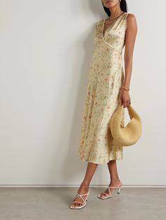 DÔEN's 'Tahlia' midi dress is printed with romantic vintage-inspired blooms and trimmed with intricate lace. Cut from lustrous silk-charmeuse, it gathers gently at the bodice and has a dramatic plunging V-neckline. Use the ties at the back to cinch the shape. Feminine Silk Floral Dress For Spring, Beige Floral Print Midi Dress, Silk Floral Dress For Spring Garden Party, Spring Silk Floral Dress For Garden Party, Feminine Silk Midi Dress For Spring, Spring Silk Midi Dress, Feminine Style, Spring Silk Midi Dress In Feminine Style, Spring Silk Midi Dress With Feminine Style, Chic Floral Print Dress For Daywear