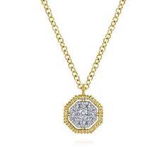 An octagonal pendant necklace boasting a centerpiece encrusted in .09cts of gleaming pave diamonds. An extended open halo frame crafted from contoured 14k yellow gold accents this chic modern style. The classic cable chain is adjustable, making this dainty style even easier to mix and match. #yellowgoldnecklace #goldnecklace #diamondnecklace #uniquenecklace Elegant Hexagon Diamond Cut Necklace, Formal Octagon Diamond Necklace, Octagon Necklace For Wedding, Formal Octagon Diamond-accented Necklaces, Elegant Hexagon-shaped Yellow Gold Jewelry, Gold Octagon Necklace With Diamond Accents, Gold Octagon Necklaces With Diamond Accents, Diamond Cut Octagon Necklace, Yellow Gold Diamond Octagon Necklace