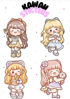 four cartoon girls with different hair styles and colors, one is holding a teddy bear