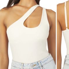 Built In Bra, New With Tags White Bodysuit For Day Out, Chic White Bodysuit For Day Out, Chic White One Shoulder Top For Night Out, White One-shoulder Bodysuit For Summer, White One Shoulder Top For Night Out, Chic White One Shoulder Top For Summer, White One Shoulder Top For Summer Party, White Asymmetrical One Shoulder Top For Night Out, Chic White One-shoulder Bodysuit