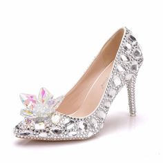 Cinderella Glass Slipper, Rhinestone Party, Crystal Wedding Shoes, Silver Wedding Shoes, Wedding Pumps, Cinderella Shoes, Slip On Pumps, Womens Wedding Shoes, Bridesmaid Wedding