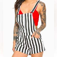 New W/Out Tags. Black And White Stripe Overall Black Cotton Shortalls For Summer, Trendy Black Shortalls For Summer, Black Cotton Jumpsuit For Summer, Black Cotton Summer Overalls, Black Cotton Overalls For Summer, Chic Black Overalls For Spring, Casual Black Summer Overalls, Chic Fitted Cotton Shortalls, Black High Waist Cotton Jumpsuits And Rompers