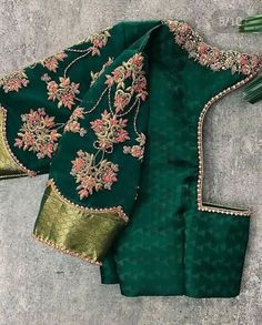 Green With Silver Blouse Designs, Green Colour Blouse Aari Work Design, Simple Aari Work Blouse Design For Pattu Saree With Border, Green Colour Blouse Designs, Simple Green Blouse Designs For Saree, Maggam Blouses, Boat Neck Blouse Design, Maggam Work Designs