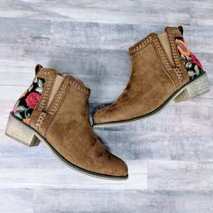 Tan Vegan Friendly Faux Suede Ankle Booties. Boho Style With Floral Embroidery On Back Panels And Metallic Stitching Detail Around Openings. Comfortable Boots With 1.5" Heels, Pull On Style With Elastic At Sides. Comfortable Boots, Suede Ankle Boots, Trendy Fashion Women, Womens Fashion Trends, Latest Fashion For Women, Fashion Trend, Vegan Friendly, Ankle Booties, Floral Embroidery