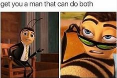 a cartoon character sitting on top of a chair next to an image of a bee