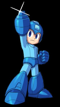 an image of a cartoon character that is in blue and has his arm raised up