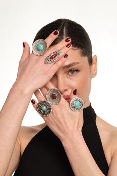 Embrace the spirit of bohemian style with ZeyDor Accessories' enchanting collection of Statement Silver Rings. Each ring is a blend of tradition and trend, featuring Chunky Gemstones set in Bold Silver. Inspired by the timeless beauty of Vintage jewelry and the free-spirited Boho Chic vibe, our Artisan Jewelry Rings are meticulously crafted for those who appreciate unique flair. The Adjustable Silver Ring ensures a perfect fit for every finger, while the Turquoise and Red Stone options add a spl Bohemian Metal Rings For Jewelry Making, Bohemian Rings With Unique Metal Variations, Bohemian Metal Rings With Unique Variations, Bohemian Rings With Unique Variations, Vintage Metal Rings For Festival, Bohemian Metal Rings For Festivals, Festival Jewelry With Gemstones, Bohemian Nickel-free Metal Rings, Vintage Metal Crystal Ring