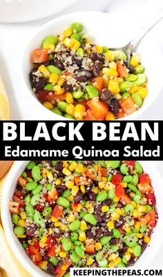 black bean and edama quinoa salad in two white bowls