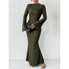 -Item Id 25986683 -Details: Lettuce Trim, Ruffle, Rib-Knit -Neckline: Stand Collar -Sleeve Type: Flare Sleeve -Style: Elegant -Type: Fitted -Waist Line: Natural -Hem Shaped: Mermaid -Color: Dark Green -Pattern Type: Plain -Sleeve Length: Long Sleeve -Fit Type: Slim Fit -Length: Long -Material: Fabric -Composition: 95% Polyester, 5% Elastane -Care Instructions: Machine Wash Or Professional Dry Clean -Sheer: No -Fabric: High Stretch **Open To Offers!!!** **Bundle To Save More** **30% Off Bundles O Spring Outwear, Long Dres, Spring Dresses Casual, Trumpet Dress, Long Knitted Dress, Flare Sleeve Dress, Flare Sleeves, Long Dress Casual, Spring Women