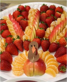 a turkey made out of fruit on a plate