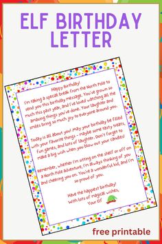 an elf birthday letter is shown in this free printable