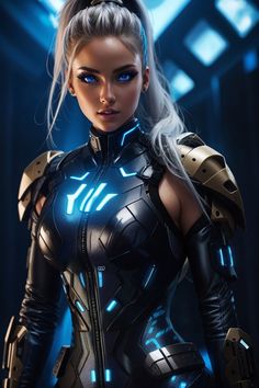 a woman dressed in futuristic armor with glowing blue lights on her chest and arms, looking at the camera