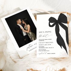 an image of a couple on their wedding day with the save the date card in black and white