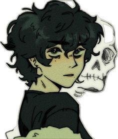 a drawing of a boy with black hair and a skull on his head, in front of a white background