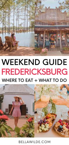 a woman standing in front of a building with the words weekend guide, where to eat and what to do