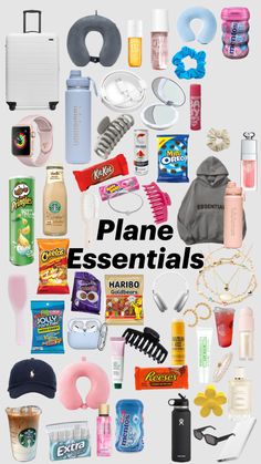 the words plane essentials are surrounded by many different items and things that can be found in them