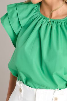 Introducing our Everyday Radiance Green Ruffle Sleeve Top - the perfect way to add some color to your wardrobe! Made with lightweight, breathable fabric, this top will keep you feeling cool and comfortable all day long. So go ahead and embrace your radiant self! This top features a rounded neckline, gathering at the neckline, a keyhole with a button closure, and ruffled short sleeves. 65% Polyester, 35% Cotton Hand Wash Cold Unlined Manufactured in China Designed in USA Model is wearing a size s Sorority Rush Dresses, Light Blue Top, White Short Sleeve Tops, Rush Dresses, Ruffle Sleeve Top, Cardigan Crop Top, Cardigan Crop, Dress Bra, Friend Outfits