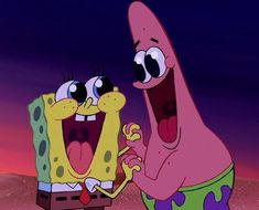 spongebob and patrick face each other in the middle of an animated scene