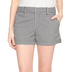 Nwt Double Hook Closure With Hidden Button Size 18 Limited Stretch Flattering Fit Preppy Summer Workwear Shorts, Preppy Shorts For Summer Workwear, Preppy Gingham Shorts, Preppy Black Bottoms For Summer, Preppy Gingham Bottoms In Short Length, Preppy Shorts For Day Out, Preppy Black Cotton Bottoms, Chic Plaid Cotton Shorts, Chic Gingham Cotton Shorts