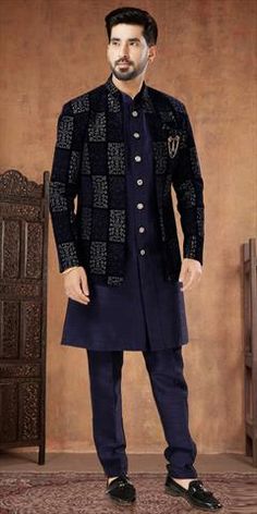 Blue color Kurta Pyjama with Jacket in Silk fabric with Embroidered, Sequence, Thread work Royal Blue Long Sleeve Sherwani, Royal Blue Sherwani For Festive Occasions, Blue Embroidered Nehru Jacket For Wedding, Royal Blue Bandhgala For Festive Occasions, Traditional Blue Long Sleeve Suits, Blue Long Sleeve Suits For Festive Occasions, Festive Blue Long Sleeve Suits, Festive Blue Suit With Resham Embroidery, Blue Long Sleeve Bandhgala For Reception