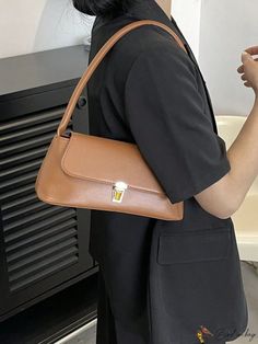 BirdinBag - Elegant Brown PU Flap Bag with Push-Lock - Stylish Baguette Design Women Fashion Design, Bags For Women Fashion, Professional Chic, Woman Shoulder, Professional Bag, Crossbody Bags For Women, Baguette Bag, Word Wrap, Bag Bag