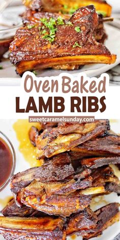 oven baked lamb ribs on a plate with dipping sauce