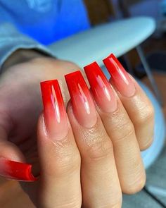 Red Tip Nails, Red Ombre Nails, Coffin Nails Ombre, Red And White Nails, Pink Ombre Nails, Red Acrylic Nails, Ombre Nail, Diva Nails, Ombre Acrylic Nails