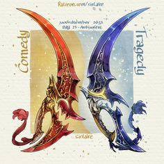 two different types of dragon heads on top of each other, one is blue and the other is red