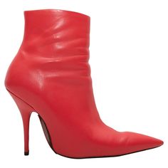 Red leather pointed-toe Knife ankle boots by Balenciaga. Spike heels. Zip closures at inner sides. 4.75" shaft height, 4.5" heel height. Winter Heeled Boots With Red Sole And Pointed Toe, Red Pointed Toe Heeled Boots, Chic Heeled Boots With Red Sole For Winter, Chic Winter Heeled Boots With Red Sole, Fall Pointed Toe Boots With Red Sole, Fall Boots With Red Sole And Pointed Toe, Chic Red Pointed Toe Heeled Boots, Chic Red Heeled Boots With Pointed Toe, Chic High Ankle Boots With Red Sole