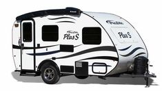 an rv parked on the side of a white background with black trim and lettering that says,