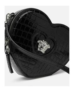 La Medusa Heart Crossbody Bag – English Rabbit Versace Bag, Heart Shaped Bag, Versace Kids, Interior Logo, Heart Bag, Black Purse, Leather Style, Mini Crossbody Bag, Stella Mccartney Kids