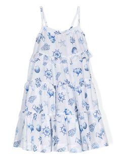 blue/white cotton all-over graphic print ruffled detailing square neck spaghetti straps flared straight hem Spaghetti Dress, Girls Casual Dresses, Printed Cotton Dress, Flounced Dress, Kenzo Kids, Stella Mccartney Kids, Dress White, Cotton Dress, Cotton Dresses