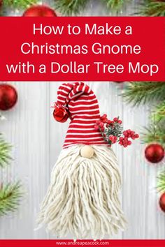 a christmas gnome ornament with a red and white striped santa hat on it