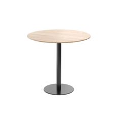 a round table with a black base and a wooden top on an isolated white background