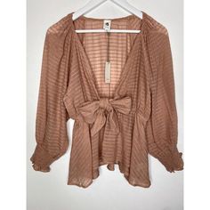 Flawless Long-Sleeve Tie-Front Crop Blouse Deep V-Neck & See Through, Pink, Sz S Chic V-neck Top For Spring Brunch, Trendy V-neck Top With Blouson Sleeves, Brown V-neck Top For Summer, V-neck Top For Daywear In Fall, V-neck Blouson Sleeve Work Tops, Chic Brown Tops For Daywear, Elegant Brown V-neck Blouse, Fitted V-neck Brown Blouse, Feminine V-neck Top For Fall