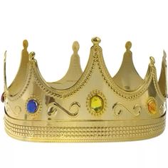 a gold crown with blue, yellow and red stones on it's sides is shown