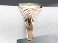 "Featuring components from different eras, this one-of-a-kind signet ring is a delightful combination of green and rose gold! The monogram at the center is beautifully engraved in ornate French script, while the ring's shoulders have subtle motifs that catch the light and shine. Please note that this signet ring has an original monogram, and unfortunately, this piece cannot be altered without affecting the quality of the piece. Please feel free to contact us to help you find your perfect signet Ring Initial, French Script, Monogram Ring, Gold Signet Ring, Initial Ring, Signet Ring, Two Tone, Personalized Gifts, Initials