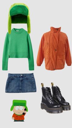 four different outfits including an orange jacket, green sweater and black boots