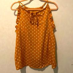 Shein Mustard Yellow Sleeveless Top Size:Large Nwot Sleeveless Polka Dot Tops For Vacation, Chic Polka Dot Tank Top For Summer, Sleeveless Polka Dot Top For Beach, Yellow Sleeveless Top With Ruffles, Mustard Sleeveless Tank Top For Summer, Polka Dot Sleeveless Tank Top, Casual Polka Dot Sleeveless Top, Yellow Sleeveless Blouse For Beach, Yellow Sleeveless Blouse For The Beach