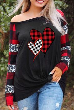 Black Valentines Heart Print Plaid Leopard Joint Sleeve Blouse Black Long Sleeve Patchwork Top, Black Long Sleeve Blouse With Patchwork, Black Patchwork Blouse For Fall, Black Long Sleeve Patchwork Blouse, Black Patchwork Top For Fall, Trendy Black Blouse With Patchwork, Long Sleeve Tops With Heart Print For Spring, Black Casual Tops With Patchwork, Spring Black Patchwork Tops