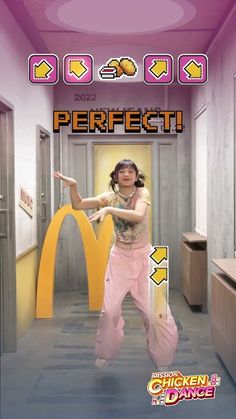 a woman in pink pants standing next to a mcdonald's sign with the words perfect on it