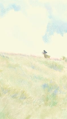 a drawing of two birds flying in the sky over a grassy field with tall grass