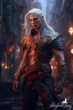 a man with long blonde hair wearing armor