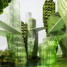 an artistic rendering of green buildings and trees