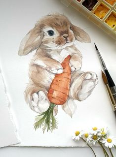 a painting of a bunny holding a carrot