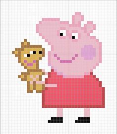 a cross stitch pattern of peppa pig holding a teddy bear and wearing a red dress