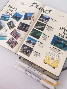 an open travel book with pictures and writing on it, next to some pencils