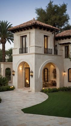 a large white house with lots of windows and lights on the front door, surrounded by palm trees